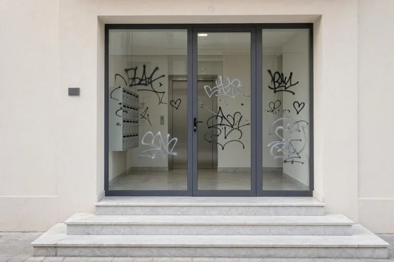 Είσοδος κτιρίου με graffiti πριν τον καθαρισμό